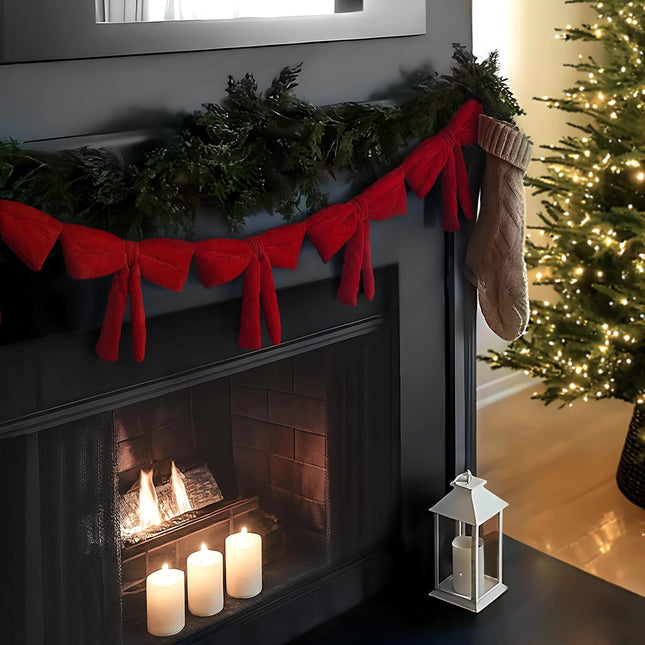 6 Ft Xmas Garland with Red Velvet Bows – Mantel, Door & Living Room Decor