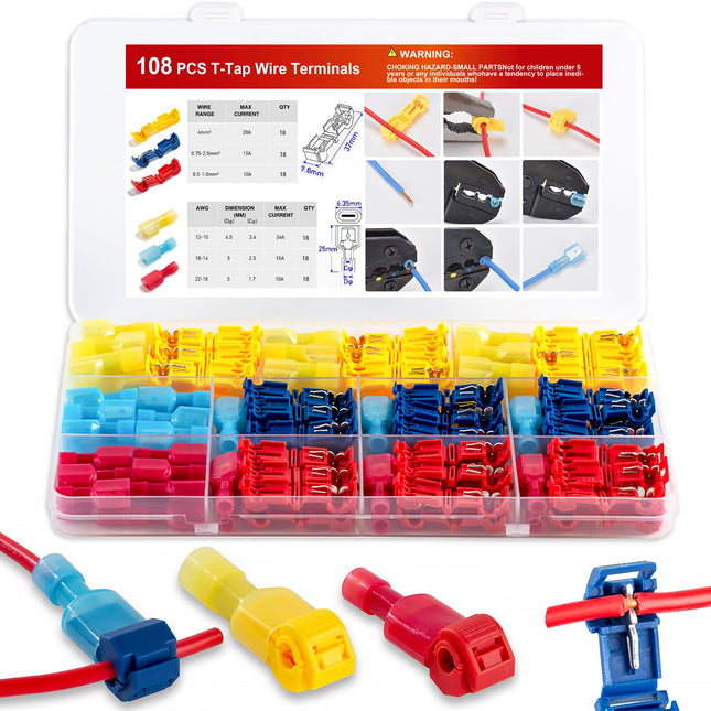 108 Pcs T-Tap Wire Connectors Kit – Self-Stripping Terminals for Car Audio, 22-10 AWG