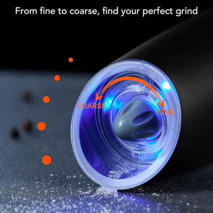 Gravity Electric Salt & Pepper Grinder Set – LED, Adjustable Coarseness, Black