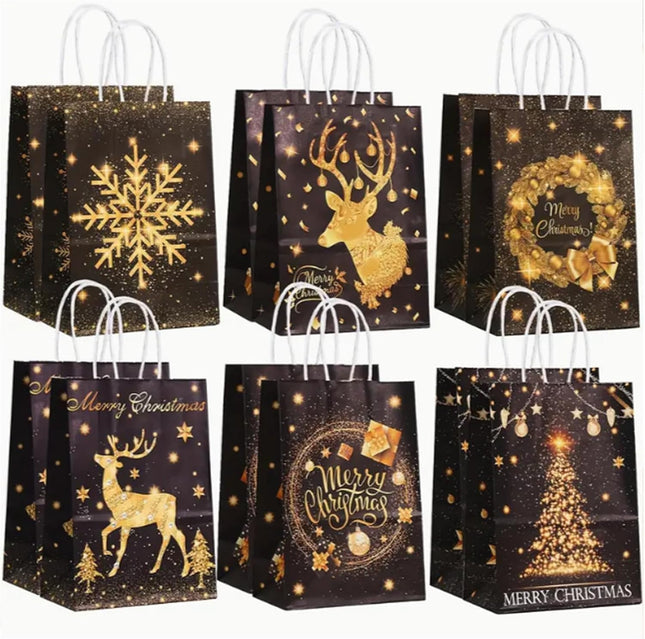 24 Pack Black Gold Christmas Gift Bags – Xmas Treat Bags with Handles