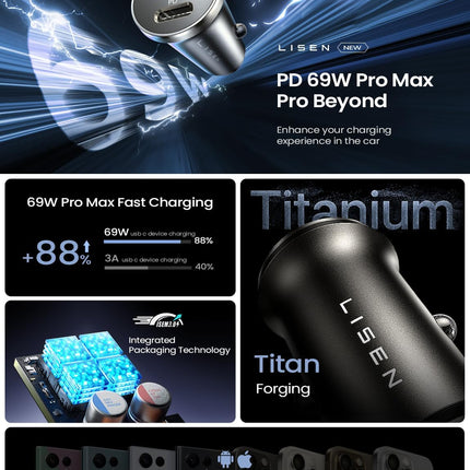 69W USB C Car Charger Adapter, Fast Charging Cigarette Lighter Plug for iPhone