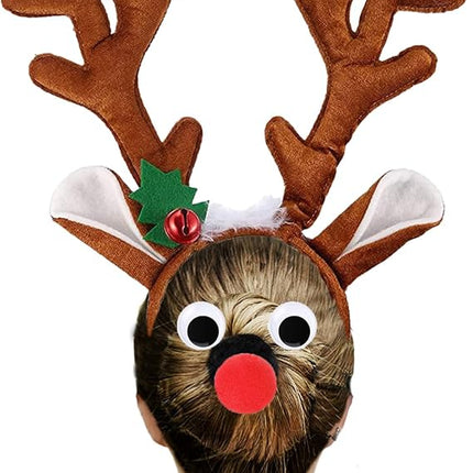 4 PCS Christmas Reindeer Antlers Headbands with Red Nose & Jingle Bells
