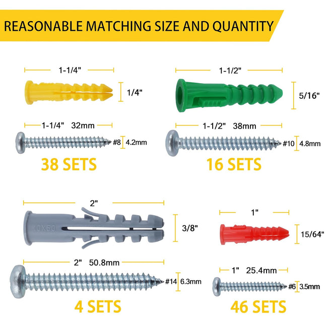 208PCS Drywall Anchors & Screws Kit – 4 Sizes Plastic Anchors with Phillips Pan Head Screws