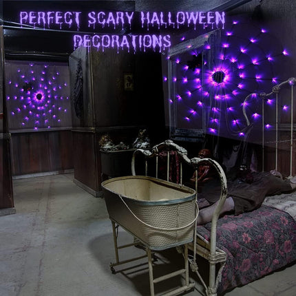 4FT Halloween Spider Web Lights, 70 LEDs, Black Spider, Remote, 8 Modes, Purple