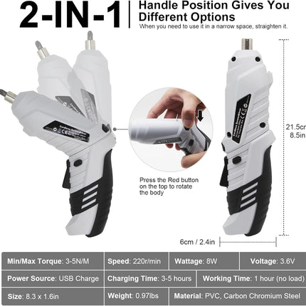 Cordless Electric Screwdriver Kit 47 Bits Rechargeable Power Tool for Home DIY