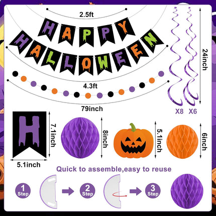 Happy Halloween Banner Garland Set with Honeycomb Balls & Hanging Swirls, Party Decor