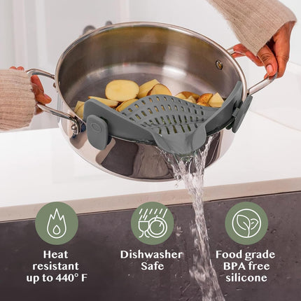 Snap N' Strain Silicone Pasta Strainer – Clip-On Heat Resistant Colander for Cooking