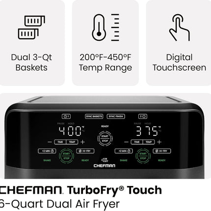 6QT Dual Air Fryer with 2 Independent Baskets Smart Sync Finish Touchscreen