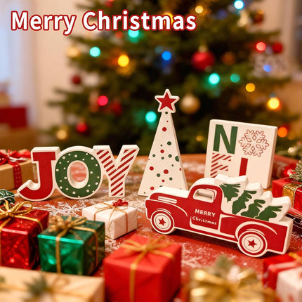4PCS Christmas Wooden Table Decorations – Red Truck JOY NOEL Tiered Tray Decor