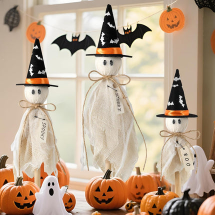 3-Piece Primitive Halloween Ghost Decor with Witch Hat & Bat, Wooden Table Signs