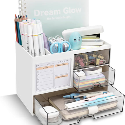 Desk Organizer with 3 Drawers, 8 Compartments Pen Holder for Office, White