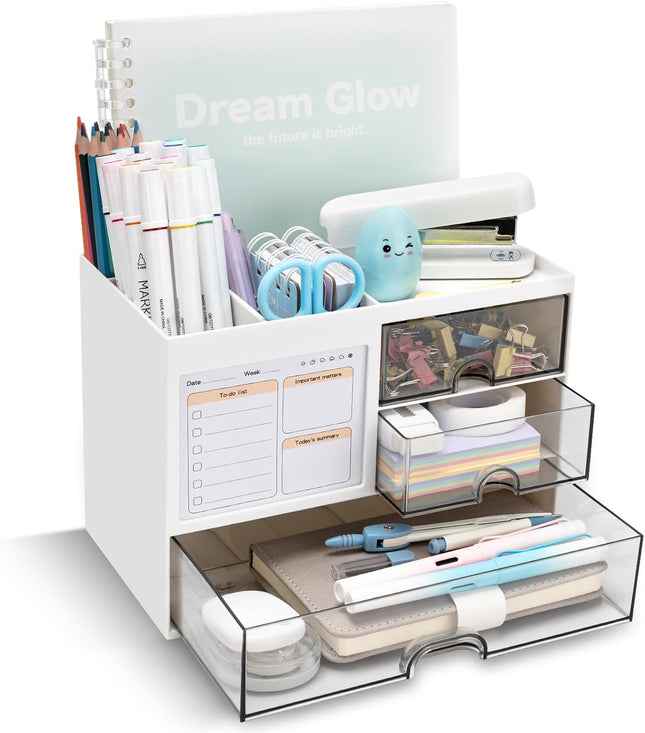 Desk Organizer with 3 Drawers, 8 Compartments Pen Holder for Office, White