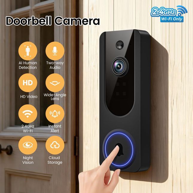 1080p WiFi Video Doorbell – Battery, AI Motion, Two-Way Talk, Night Vision