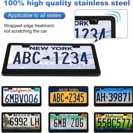 2 Pack Stainless Steel License Plate Frames Black Car Tag Holder with Screw Caps