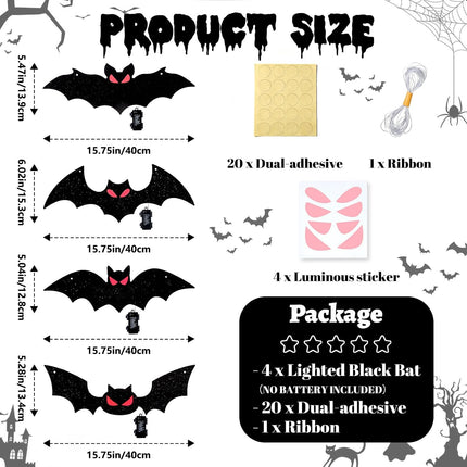 4-Piece Lighted Halloween Hanging Bats, Red Glow Eyes, Waterproof Indoor Outdoor Decor