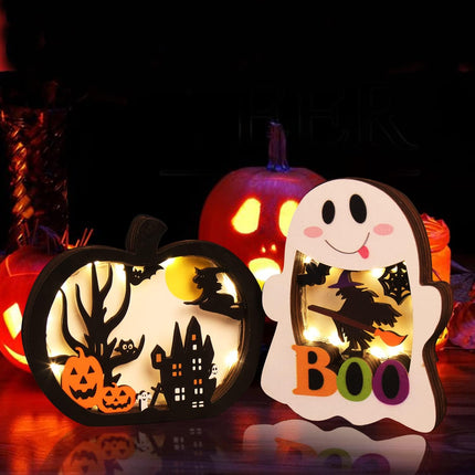 2-Piece Lighted Halloween Wooden Table Decor, LED Ghost Pumpkin BOO Centerpieces