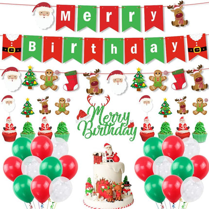 Christmas & Birthday Decorations Kit – Merry Banner, Glitter Cake Topper, Santa, Tree & Snowflake