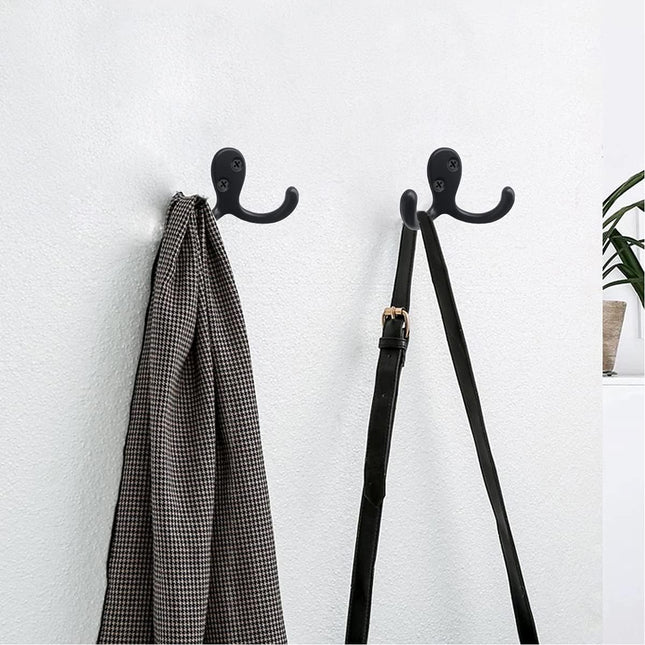 10-Pack Wall Hooks – Heavy Duty Black Coat & Double Robe Hooks, No Rust