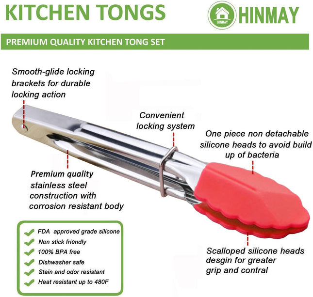 7 Inch Mini Silicone Tip Serving Tongs Set of 3 Green Red Blue Kitchen