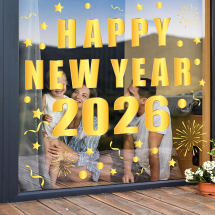 Happy New Year 2026 Window Decals – 6-Pc Gold Foil Party Decorations