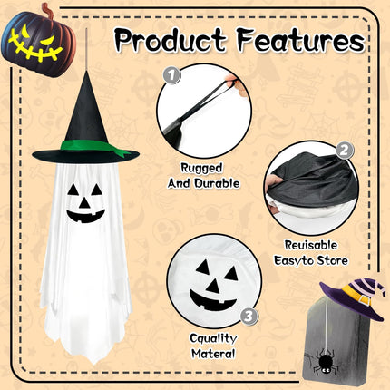 2-Pack White Hanging Halloween Pumpkin Ghost Decorations, Cute Outdoor Garden Decor