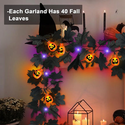 2-Pack 13FT Halloween Maple Leaf Garland, 40 LED Pumpkin Lights, Timer, Mantel Decor