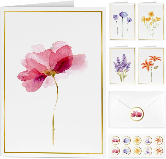 30 Blank Floral Greeting Cards with Gold Foil Borders, Envelopes and Stickers, 4x6 Inch