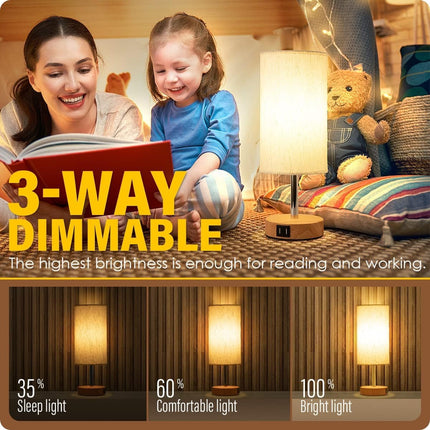 Bedside Touch Table Lamp with USB – 3-Way Dimmable, Wood Base