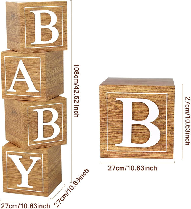 Baby Shower Boxes – 4 Wooden Blocks with BABY Letters, 1st Birthday Balloon Boxes