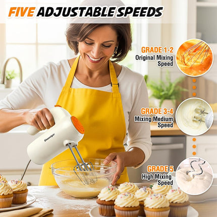 5-Speed Electric Hand Mixer with Turbo Boost, 5 Stainless Steel Attachments for Baking