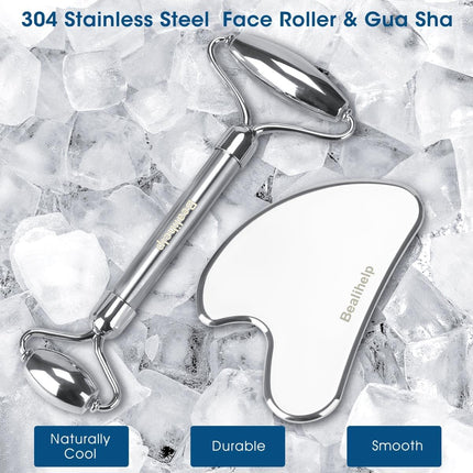 Stainless Steel Face Roller & Gua Sha Set, Facial Massager for Puffiness & Skin Care
