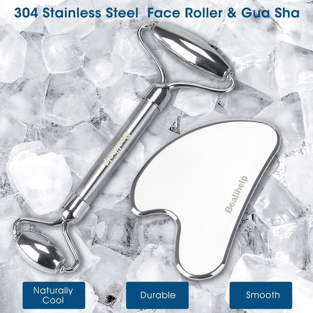 Stainless Steel Face Roller & Gua Sha Set, Facial Massager for Puffiness & Skin Care