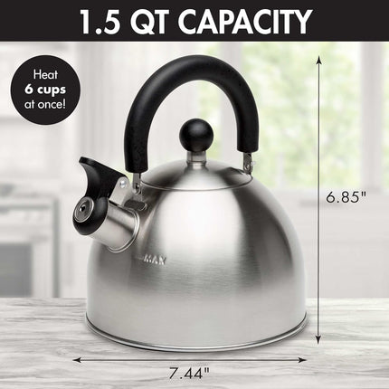 Stewart Whistling Tea Kettle 1.5QT – Stainless Steel, Fast Boil, Cool Handle