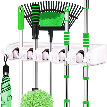 Broom Holder Wall Mount – 5-Position, 6-Hook Mop & Broom Organizer, White