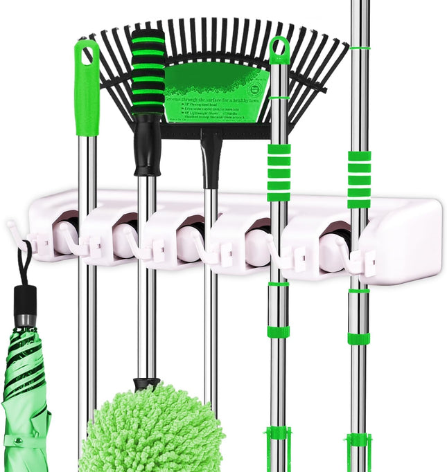 Broom Holder Wall Mount – 5-Position, 6-Hook Mop & Broom Organizer, White
