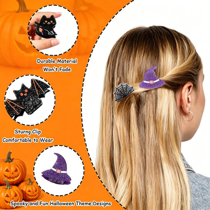 12-Piece Halloween Hair Claw Clips, Pumpkin Ghost Bat Spiderweb Hat Designs
