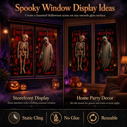 Scary Halloween Window Clings, Bloody Skeleton Ghost Pumpkin Bat Spider Decals
