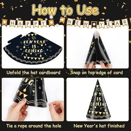 24 PCS Happy New Year’s Eve Party Hats Adjustable Paper Cone Decorations