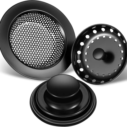 3-Piece Kitchen Sink Drain Strainer & Stopper – Stainless Steel, Black