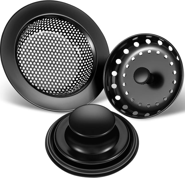 3-Piece Kitchen Sink Drain Strainer & Stopper – Stainless Steel, Black