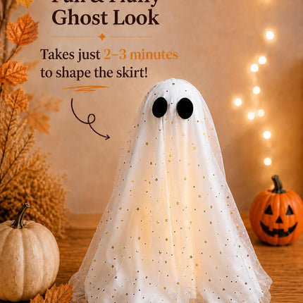 Halloween Lighted Ghost & Witch Broom Set, Fluffy DIY Decor for Mantel & Entryway