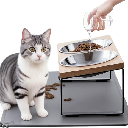 Elevated Cat Bowl Set with Food Mat Stainless Steel Raised Pet Dishes 15° Stand