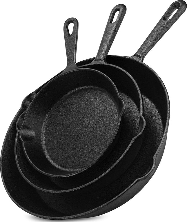 3-Piece Cast Iron Pan Set – 6, 8 & 10 Inch Skillets for Cooking Anywhere