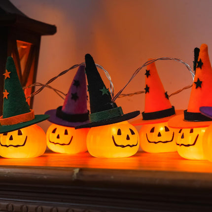 Halloween String Lights 4.9FT 10 LED Pumpkin & Witch Hat Lights, Battery Operated