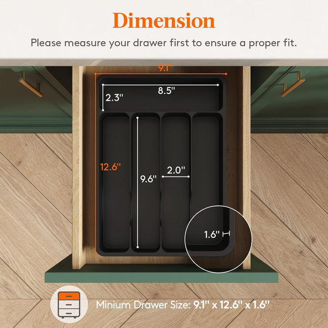 Silverware Drawer Organizer, 5 Slot Plastic Cutlery Tray for Kitchen, Black