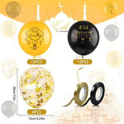 32 PCS Eid Mubarak Balloons – Black & Gold, 12", Includes 2 Ribbons