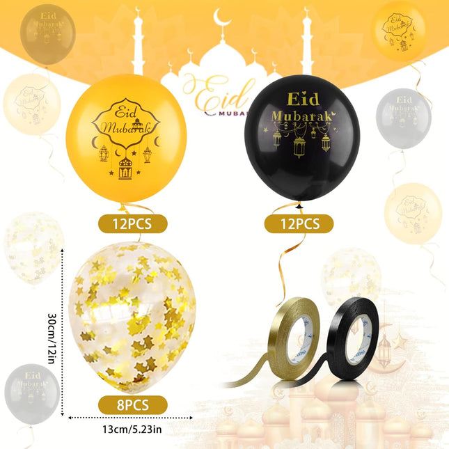 32 PCS Eid Mubarak Balloons – Black & Gold, 12", Includes 2 Ribbons