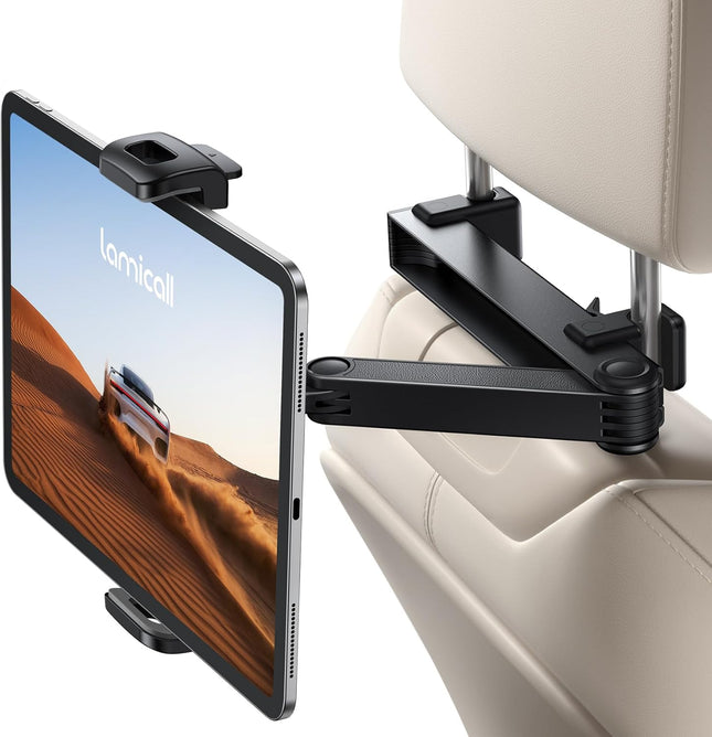 Car Headrest Tablet Holder – Lockable, 3-in-1 Extension Arm for 4.7-13” Tablets
