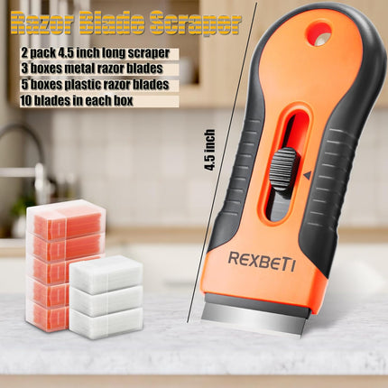 2 Pack Razor Blade Scraper Tool – 80 Pcs Blades (30 Metal & 50 Plastic) for Cleaning