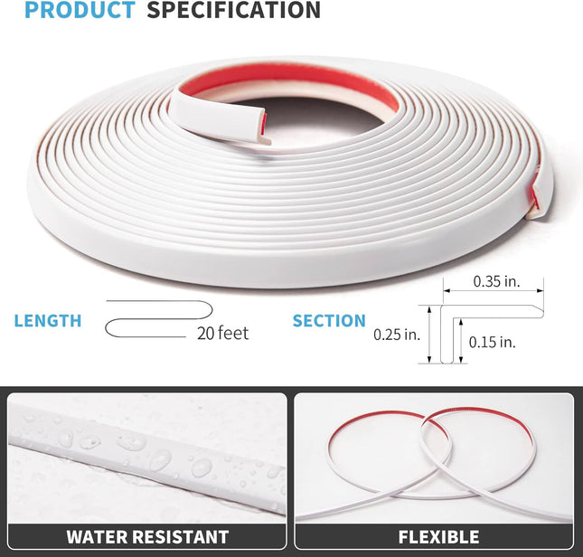 White Vinyl Corner Trim – 20ft, Self-Adhesive for Tile & Wall Edges
